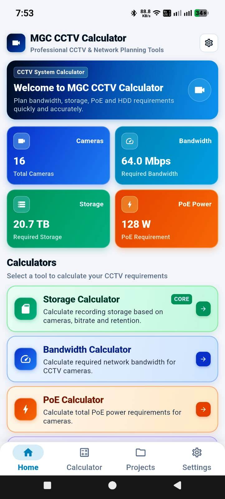 MGC CCTV Calculator App Interface
